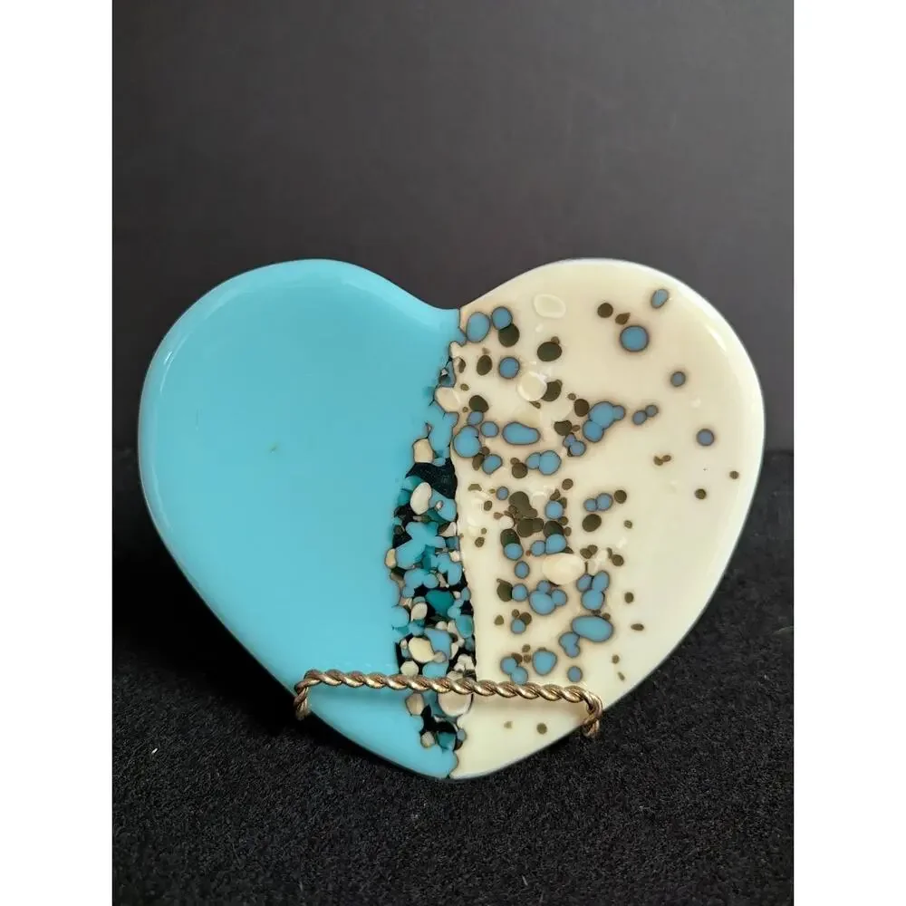Artist made fused glass heart soap dish trinket dish blue white and black footed
